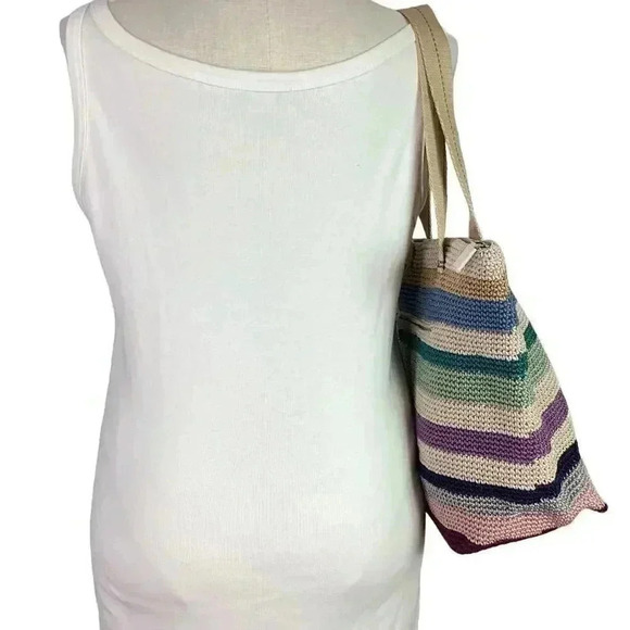 The Sak Mendocino Tote Large Multi Stripe Crochet Double Strap Zip Top Vegan NEW - Picture 8 of 14